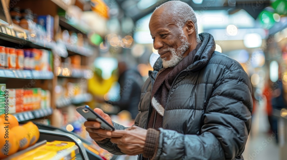 An elderly man enjoys grocery shopping, smiling as he browses products on his smartphone in a lively market atmosphere An elderly man enjoys grocery shopping, smiling as he browses products on his smartphone in a lively market atmosphere