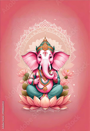 a painting of a ganesh statue sitting on a lotus flower with a mandala ornate on a pink background