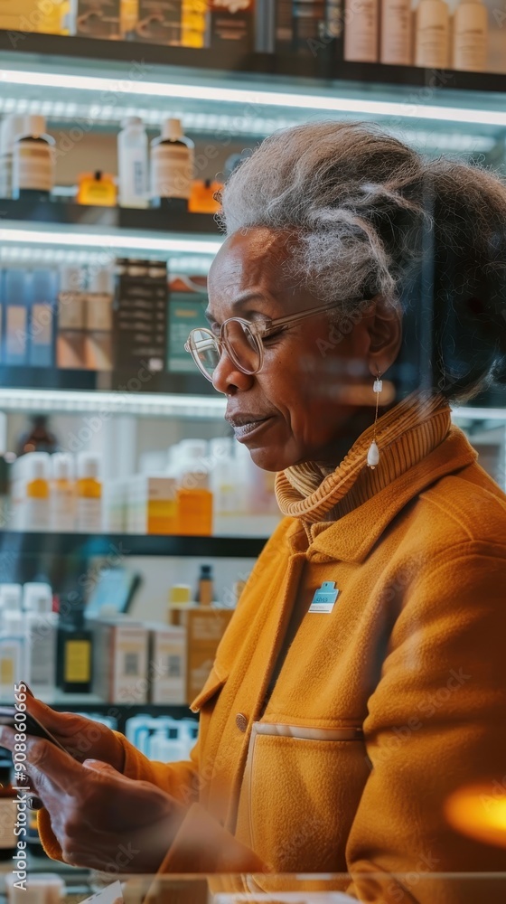 Fototapeta premium An elderly woman explores skincare products in a warm, inviting boutique setting