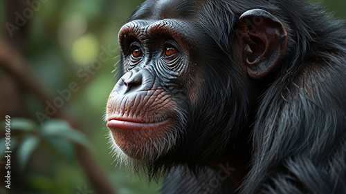 Close-Up Portrait of a Chimpanzee in Natural Jungle Habitat
