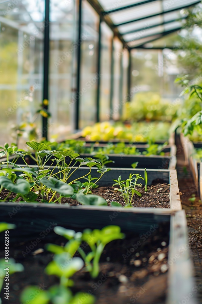 Indoor greenhouse with rows of young plants Indoor greenhouse with rows of young plants