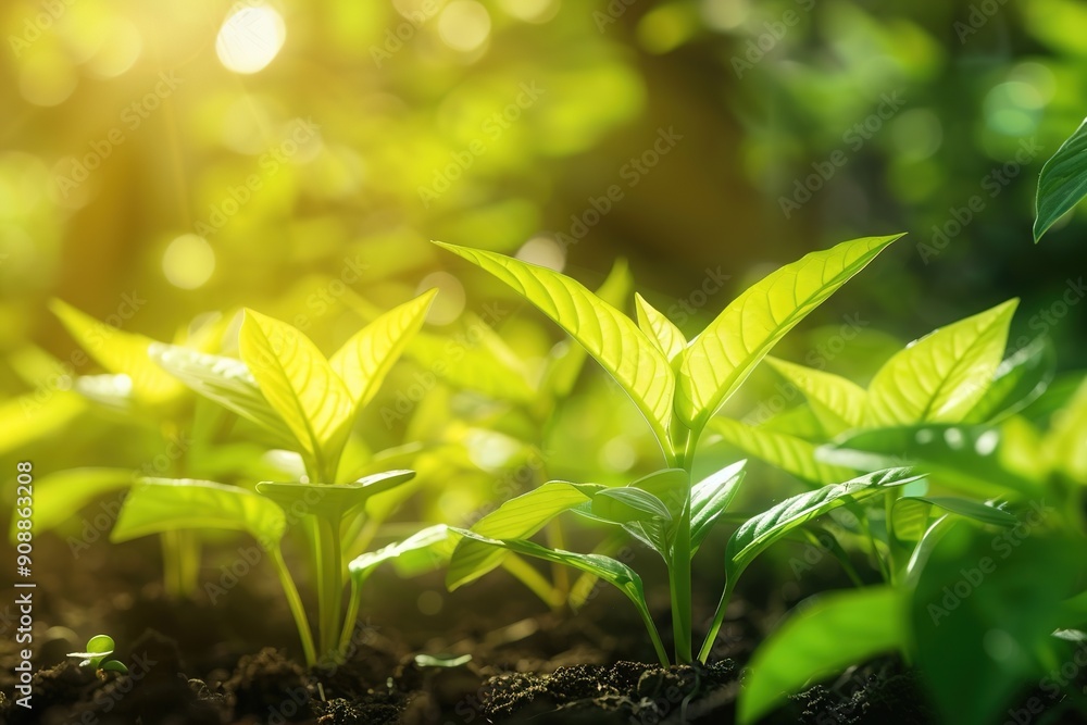 Young plants in soil basked in warm sunlight Young plants in soil basked in warm sunlight