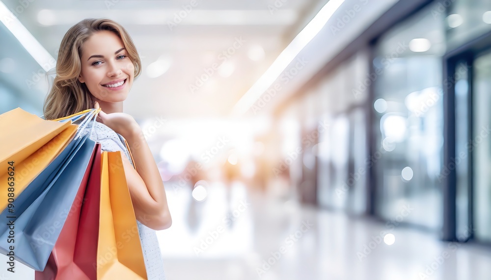 Smiling woman hold packages shopping bags in hand at Boxing Day winter sale in shopping mall. Joyful girl looks at camera. Empty copy space, panorama. Holiday blurred bokeh background. Smiling woman hold packages shopping bags in hand at Boxing Day winter sale in shopping mall. Joyful girl looks at camera. Empty copy space, panorama. Holiday blurred bokeh background.