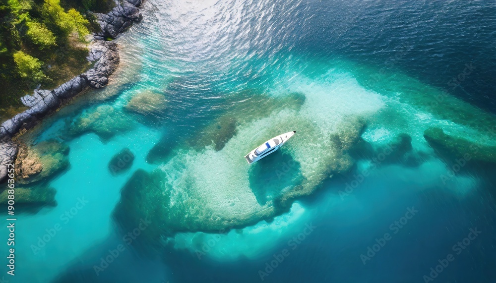 Fototapeta premium Yacht in open sea near the shore, top view from above. Anchorage of a large catamaran on transparent ocean water. Beautiful rocky beach with sailing boat.