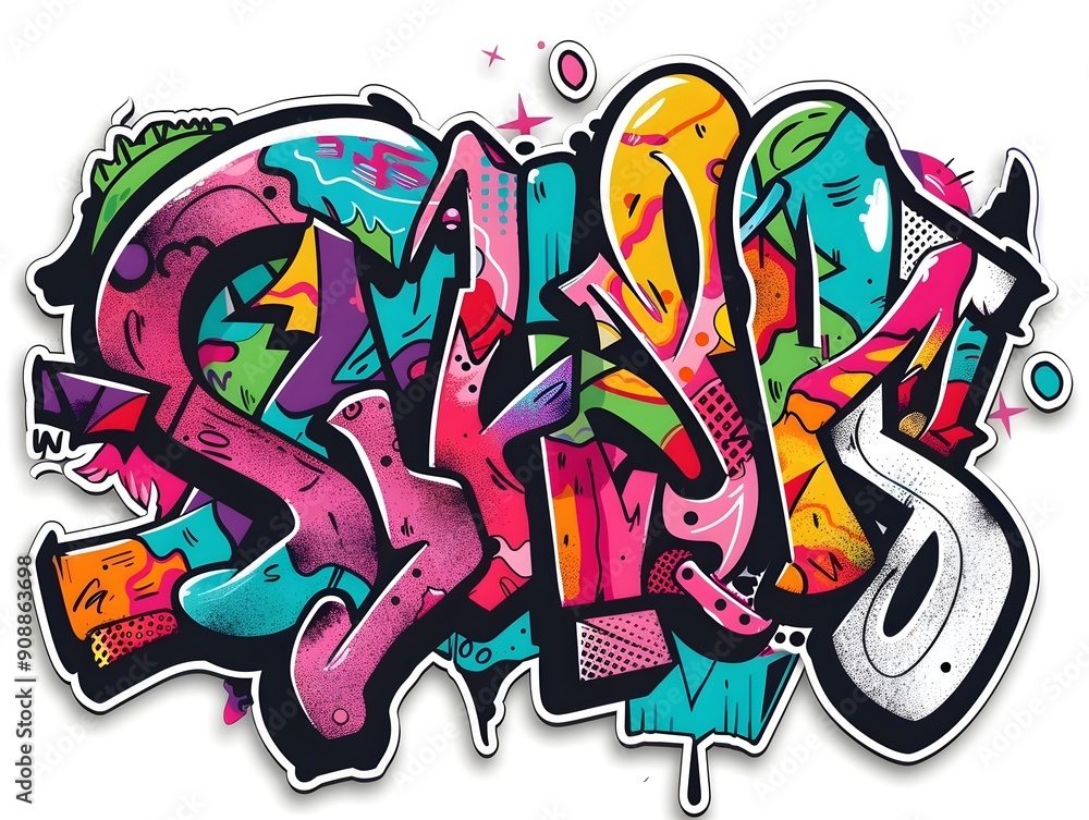 Naklejka premium Stylish Graffiti Design with Vibrant Colors and Shapes for Streetwear Apparel and Merchandise