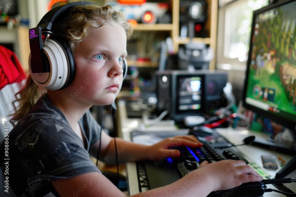 A young girl is playing a video game with a headset on A young girl is playing a video game with a headset on