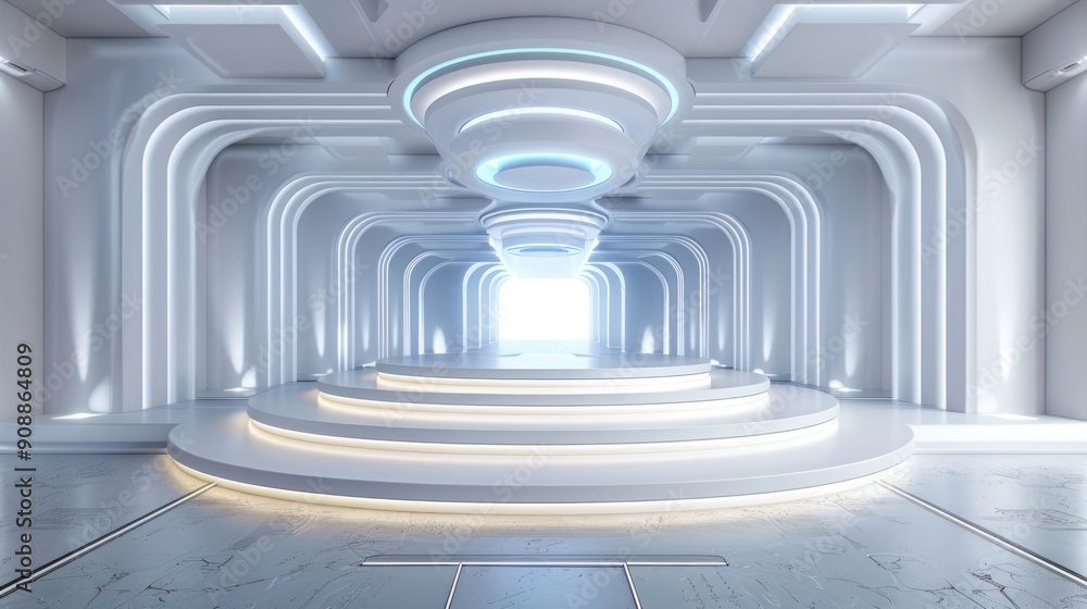 A large, empty room with white walls and a blue ceiling