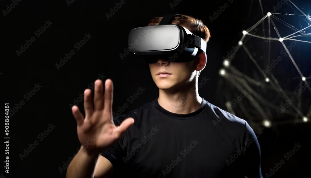 Individual experiencing virtual reality with a digital backdrop. A ...