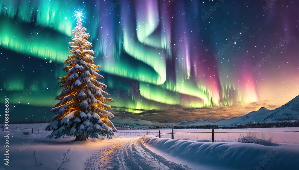 Winter Christmas tree with northern lights in background. Night snowy forest landscape with a road going into the distance. Panorama with copy space. Winter Christmas tree with northern lights in background. Night snowy forest landscape with a road going into the distance. Panorama with copy space.
