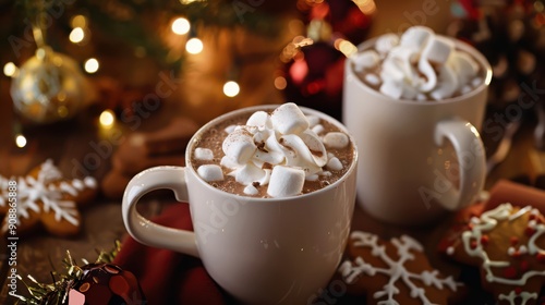 Cups of hot chocolate with whipped cream and marshmallows, surrounded by Christmas cookies and Christmas decorations, a warm and festive scene.