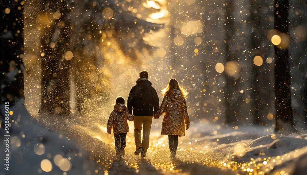 Family walks through a winter snowy forest on a sunny day. Fairy golden dreamy landscape. Silhouette of mom, dad and child on the path. New Year and Christmas background. Family walks through a winter snowy forest on a sunny day. Fairy golden dreamy landscape. Silhouette of mom, dad and child on the path. New Year and Christmas background.