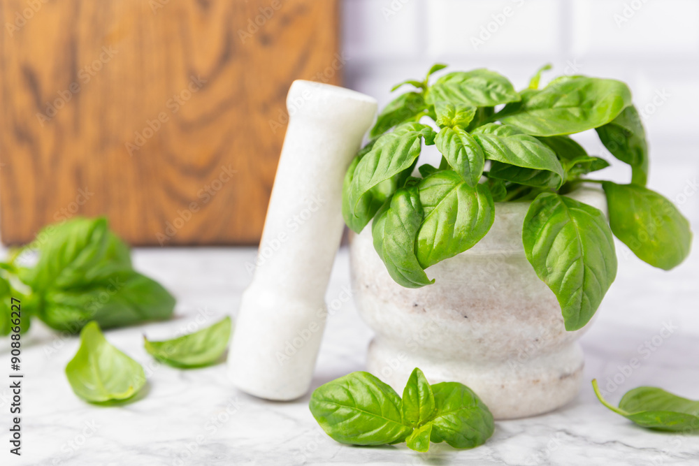 Fresh green basil in a mortar on a textured wooden background. Organic spices and herbs. Vegan. Fresh kitchen herbs. Fresh basil being made into pesto with mortar and pestle.Copy space. Place for text Fresh green basil in a mortar on a textured wooden background. Organic spices and herbs. Vegan. Fresh kitchen herbs. Fresh basil being made into pesto with mortar and pestle.Copy space. Place for text