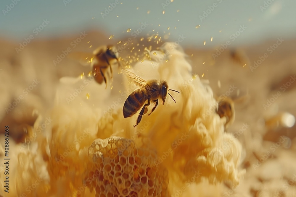 This image features a detailed closeup of a bee on a honeycomb This image features a detailed closeup of a bee on a honeycomb