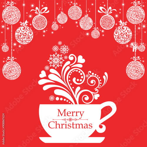 Vintage card with Christmas balls and Christmas cup. Menu for restaurant, cafe, bar, tea-house. Vector Illustration 