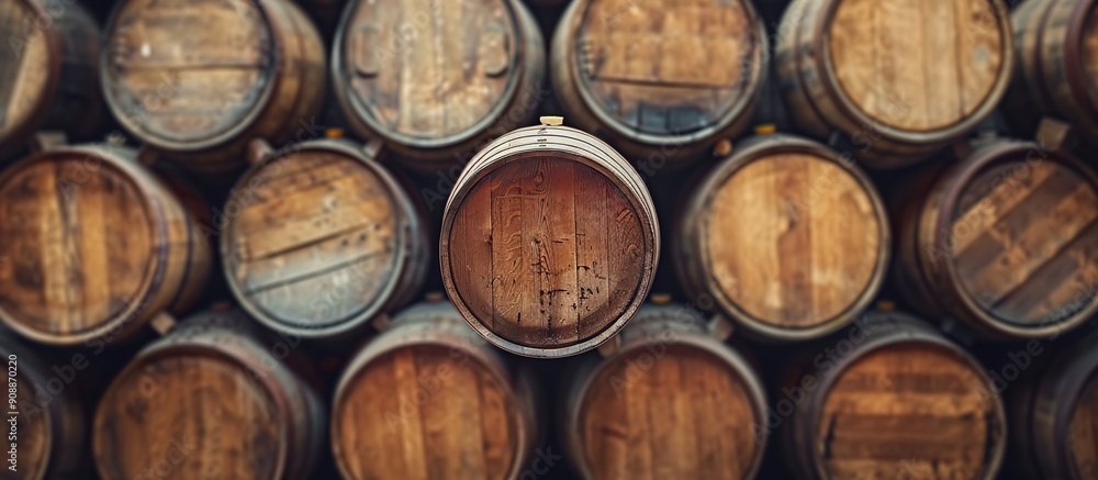 Stacked Wooden Barrels in a Winery Stacked Wooden Barrels in a Winery
