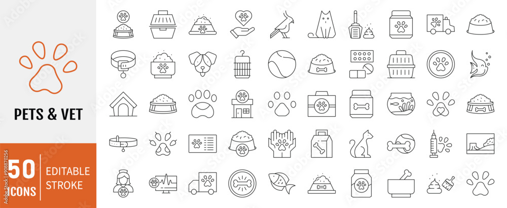 Pet - vet Line Editable Icons set. Containing pet, dog, cat, aquarium, pet carrier, pet bowl, etc. Editable stroke. Vector illustration Pet - vet Line Editable Icons set. Containing pet, dog, cat, aquarium, pet carrier, pet bowl, etc. Editable stroke. Vector illustration