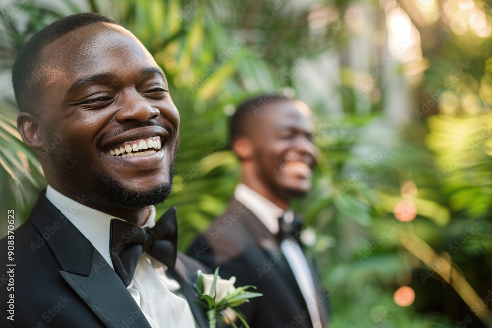 Happy groomsmen in sharp suits laugh amidst greenery Happy groomsmen in sharp suits laugh amidst greenery