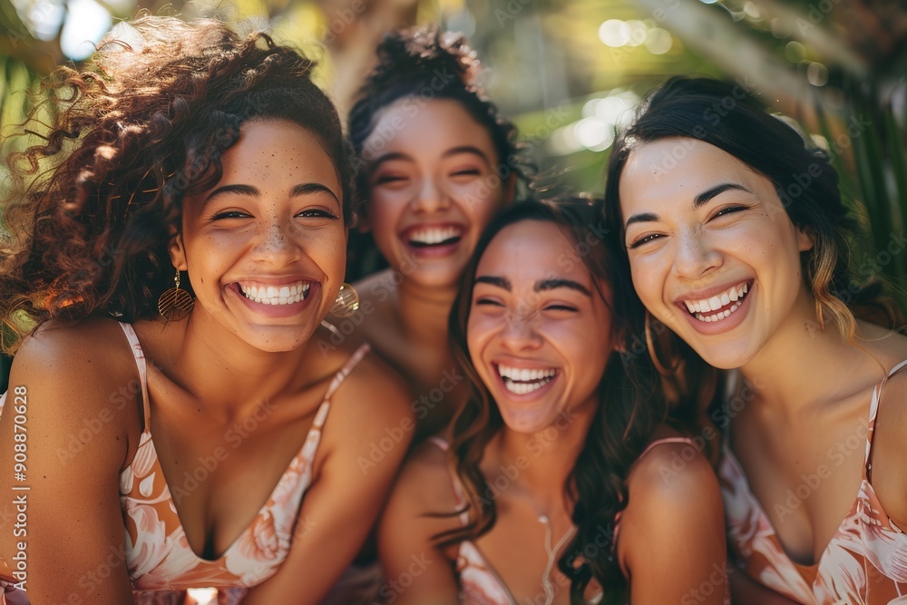 Four joyful bridesmaids laughing together in sunlight Four joyful bridesmaids laughing together in sunlight