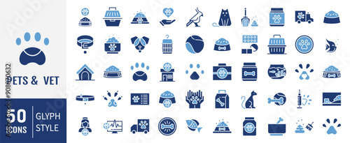 Set of 50 Pets and Vet icon. Solid icons vector collection.