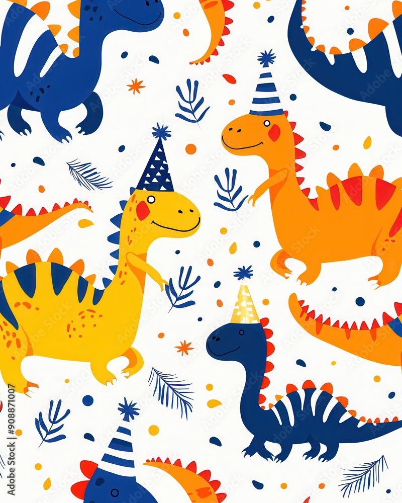 A cute birthday pattern with little dinosaurs in hats on a white background in illustration style and simple design. A cute birthday pattern with little dinosaurs in hats on a white background in illustration style and simple design.