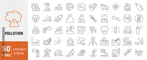 Set of 50 Line pollution icons set. editable stroke.
