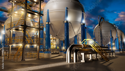 Modern chemical plant. Evening factory with high pressure tanks. Chemical factory at night. Factory area with BPVC. Chemical industry. Manufacturing enterprise. ASME equipment. 3d image photo