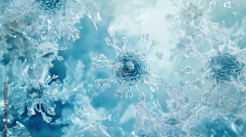 Detailed View of Flu Virus Melting Into Frosty Pattern on Light Blue Background photo