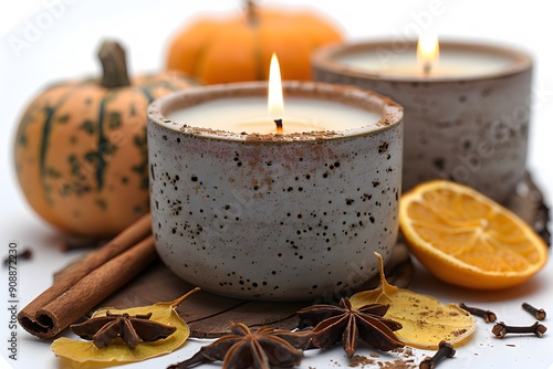 Autumn Aromatherapy with Lit Candles, Pumpkins, Cinnamon Sticks, and Citrus for Fall Decor photo