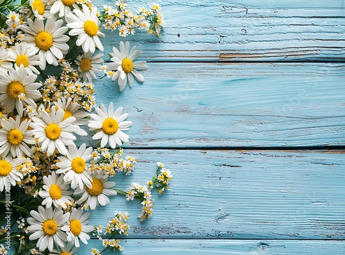 Rustic Charm: Light Blue Wood with Daisies and Copy Space