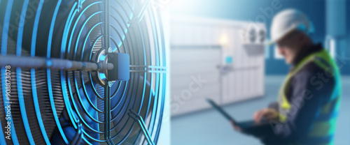 Industrial refrigeration equipment. Air conditioning unit for freezer warehouse. Man with laptop is setting up freezer. Industrial refrigeration systems. Warehouse with cooling system. Art focus