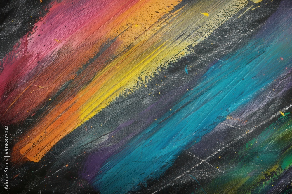 Obraz premium Bright, colorful brushstrokes decorate a dark green chalkboard, showcasing artistic expression in a lively educational atmosphere. Generative AI