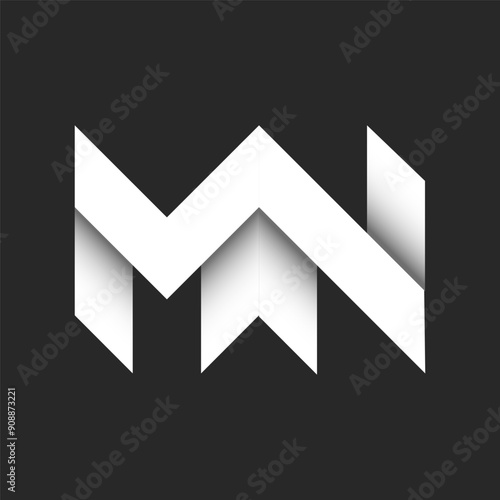 Bold letters MN or NM initials monogram logo with 3D overlapping white ribbons with shadows, linked two letters M and N combination, visual paper cut style, gray and white gradient sharp stripes.