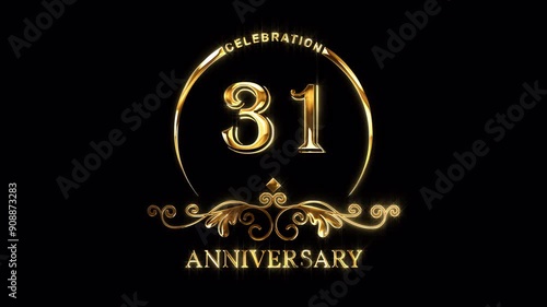 31st Anniversary Celebration. Happy 31 Years Anniversary Animation in Gold Color on the Transparent Background, Alpha Channel. Great for greetings, celebrations, events, and gifts.