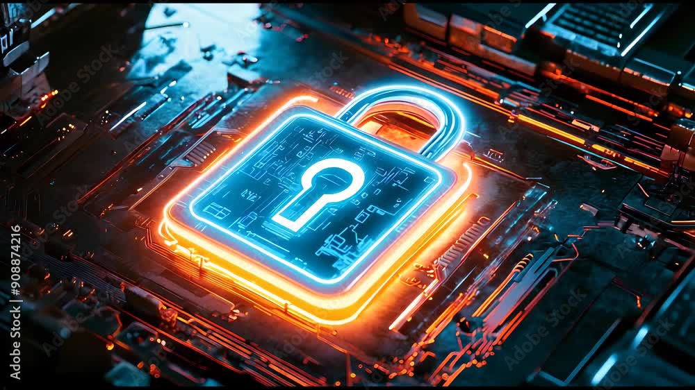 Neon-lit padlock symbol on circuit board representing cybersecurity with blue and orange glow and cyberpunk aesthetic Neon-lit padlock symbol on circuit board representing cybersecurity with blue and orange glow and cyberpunk aesthetic