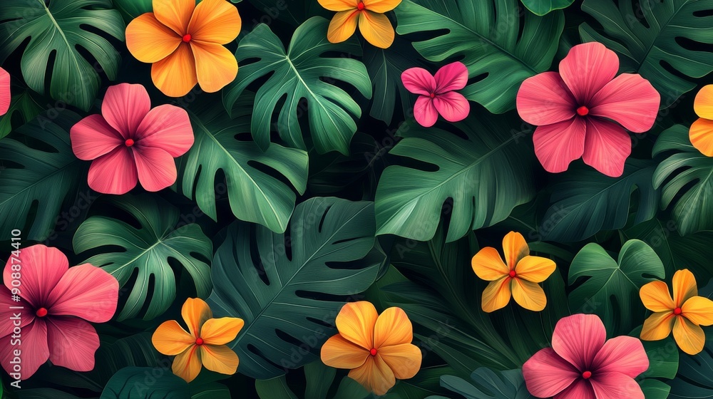 Lush Tropical Foliage with Vibrant Pink and Orange Flowers Lush Tropical Foliage with Vibrant Pink and Orange Flowers
