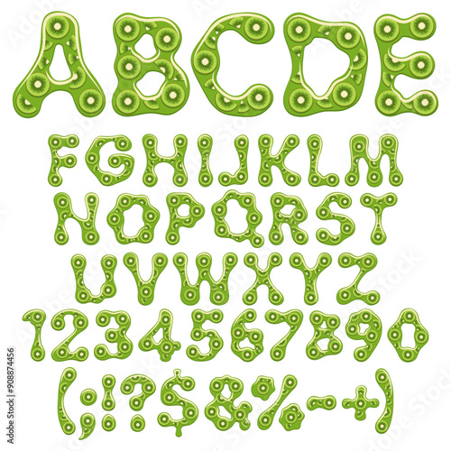 Alphabet, letter, number and sign made of green jelly with slices of kiwi. Isolated vector object on white background.