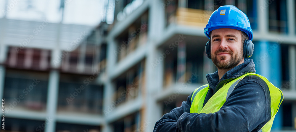 Portrait of a smiling male construction worker with a blue helmet and safety vest, standing in front of a blurry modern building under construction. He has muffs on his s. He has crossed arms. Portrait of a smiling male construction worker with a blue helmet and safety vest, standing in front of a blurry modern building under construction. He has muffs on his s. He has crossed arms.