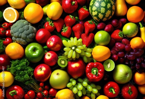 vibrant arrangement fresh fruits vegetables showcased textured surface rich colors natural appeal, display, background, nature, freshness, organic, harvest