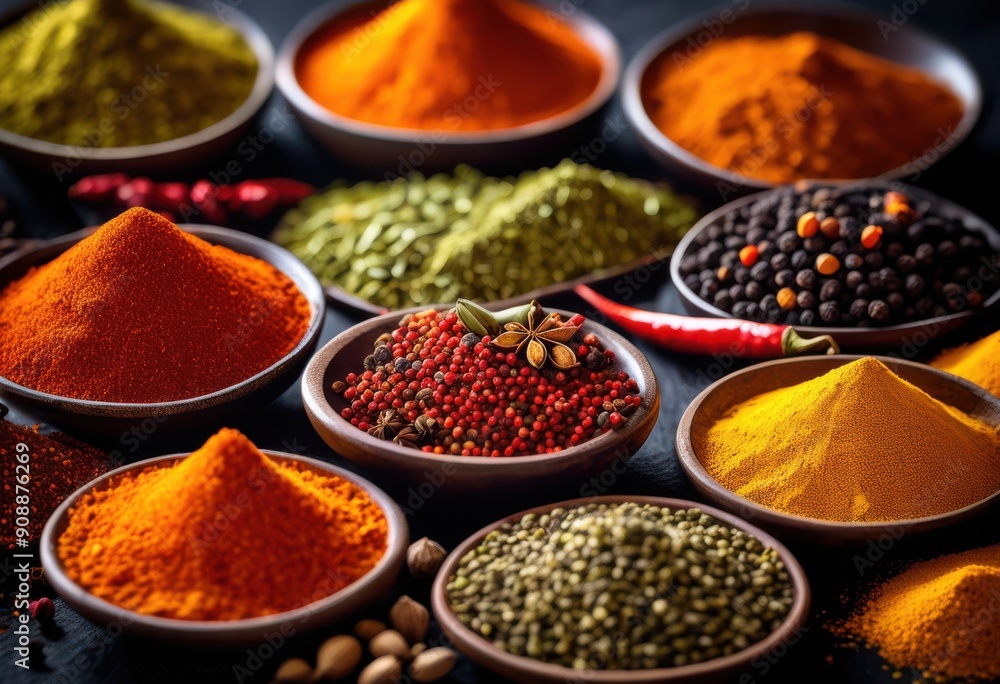 Fototapeta premium vibrant collection spices displayed black surface showcasing colors textures, seasoning, herb, ingredient, flavor, aroma, culinary, edible, aromatic