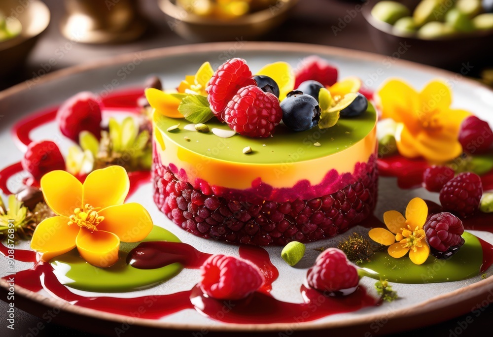 exquisite dessert presentation featuring vibrant colorful artistic plating visual treat, sauces, toppings, colors, delicious, sweet, treats, culinary exquisite dessert presentation featuring vibrant colorful artistic plating visual treat, sauces, toppings, colors, delicious, sweet, treats, culinary