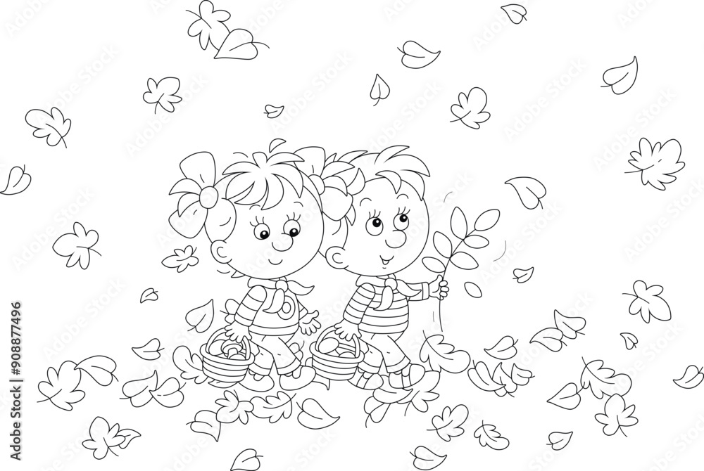 Funny little girl and boy mushroomers walking with baskets and gathering mushrooms among fallen leaves in an autumn forest, black and white outline vector cartoon illustration for a coloring book page Funny little girl and boy mushroomers walking with baskets and gathering mushrooms among fallen leaves in an autumn forest, black and white outline vector cartoon illustration for a coloring book page