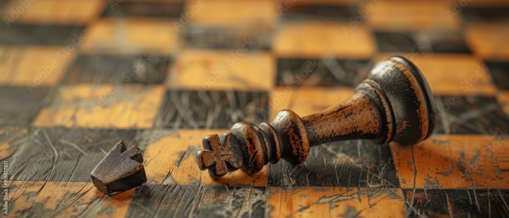An aged chessboard with worn black and brown hues shows a titled black king piece and a broken one nearby, hinting at a tense, long-played game in a desolate setting. An aged chessboard with worn black and brown hues shows a titled black king piece and a broken one nearby, hinting at a tense, long-played game in a desolate setting.