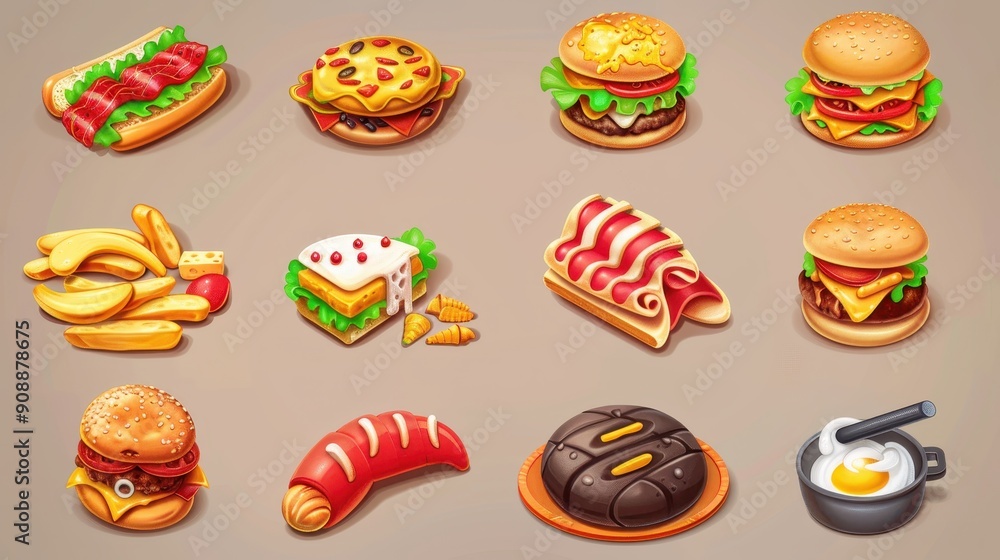 A vibrant assortment of fast food including burgers, sweets, and snacks displayed on a neutral background A vibrant assortment of fast food including burgers, sweets, and snacks displayed on a neutral background