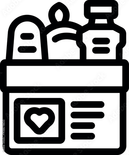 Line icon of a donation box full of food and drinks for people in need
