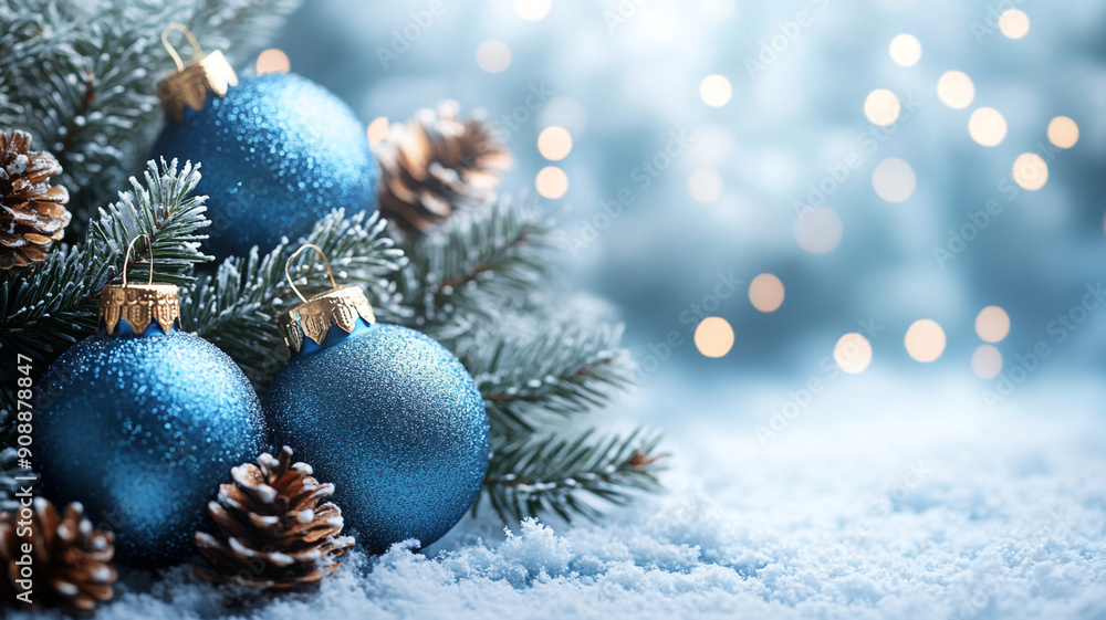 Blue Christmas background. Christmas decor. The banner. Christmas tree toys. Glare, lights, bokeh. Blue Christmas background. Christmas decor. The banner. Christmas tree toys. Glare, lights, bokeh.