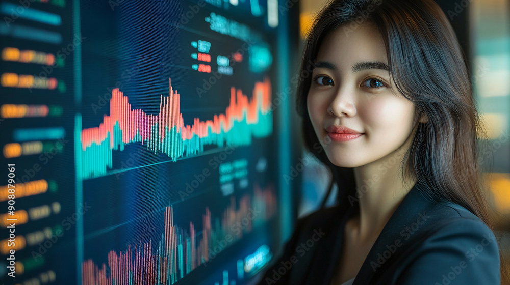 Japanese woman analyzing finance graph finance investment stock market economy trading data analysis business profit Japanese woman analyzing finance graph finance investment stock market economy trading data analysis business profit