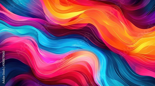  A vibrant abstract painting consisting of multiple colors, with rippling lines resembling a flowing liquid on a black canvas