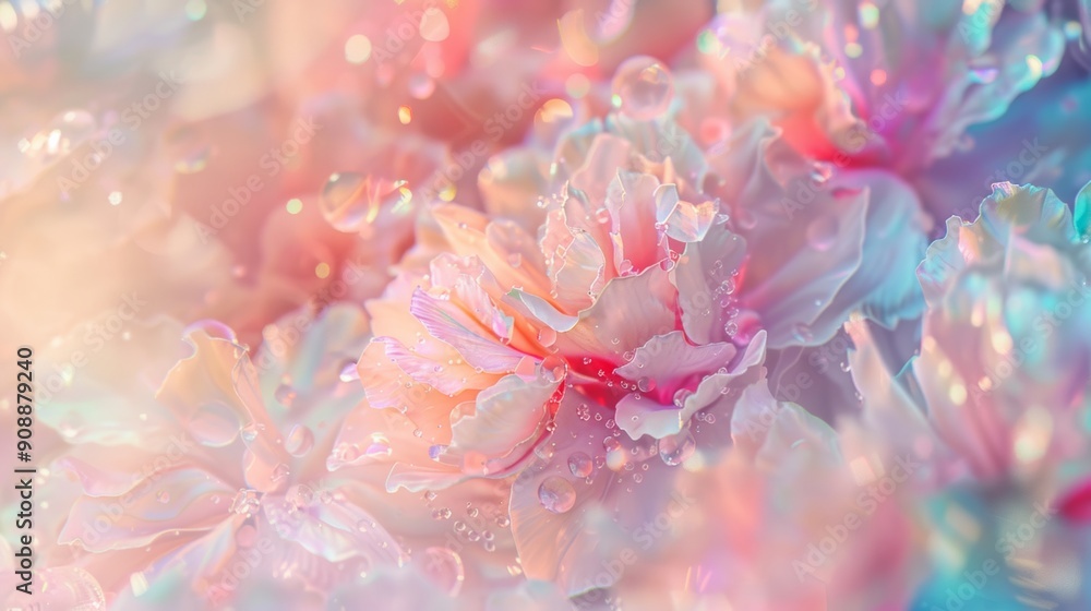 Macro shot of a bouquet of flowers, composed of rainbow crystals and pearl textures, surrounded by soft pastel light. Delicate aura. Digital artwork. Holographic effect. Macro shot of a bouquet of flowers, composed of rainbow crystals and pearl textures, surrounded by soft pastel light. Delicate aura. Digital artwork. Holographic effect.