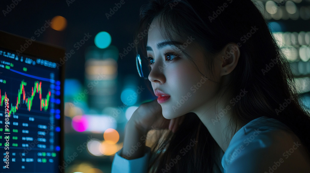 Japanese woman analyzing finance graph finance investment stock market economy trading data analysis business profit Japanese woman analyzing finance graph finance investment stock market economy trading data analysis business profit