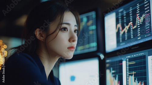 Japanese woman analyzing finance graph finance investment stock market economy trading data analysis business profit